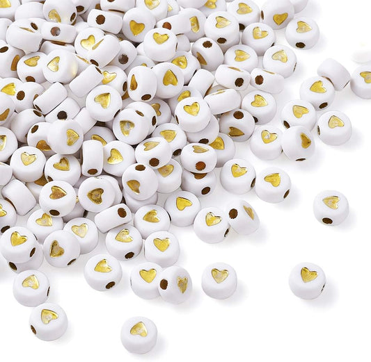 Acrylic Letter Beads - White/Gold Letters & Hearts