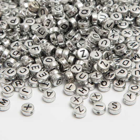Acrylic Letter Beads - Silver/Black Letters