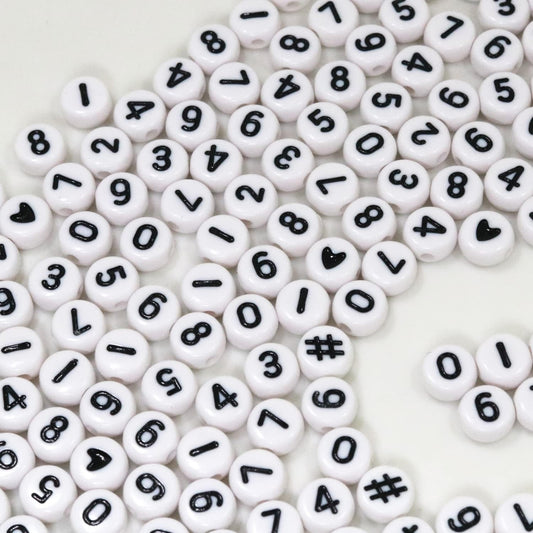 Acrylic Letter Beads - White/Black Letters, Numbers & Hearts