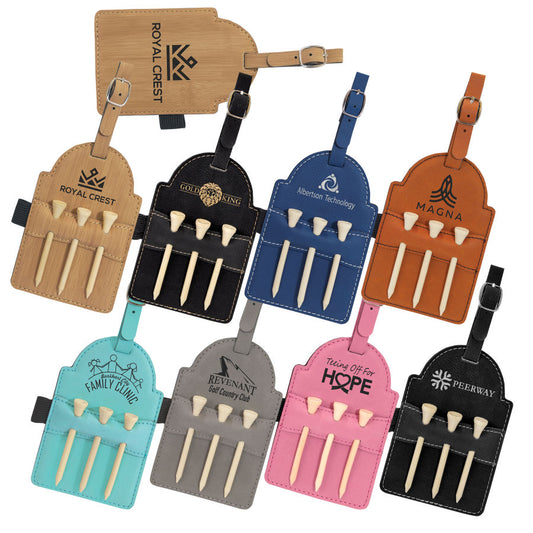 Laserable Leatherette Golf Bag Tag with 3 Wooden Tees
